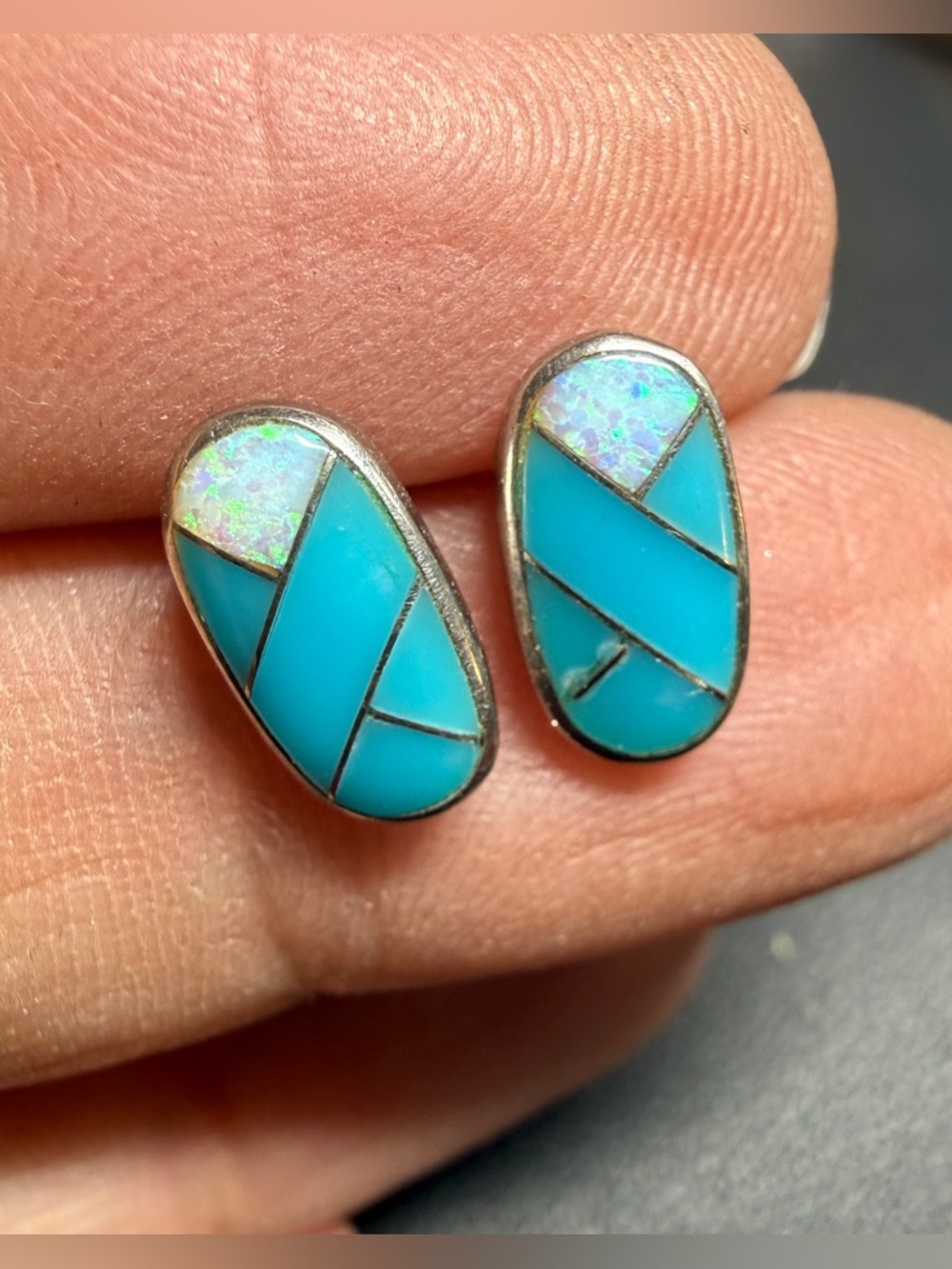 Zuni Native American Turquoise Inlay Oval Opal Turquoise Stud Earrings Signed OR - Picture 2 of 10